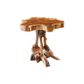 Măsuță maro din lemn masiv cu blat neregulat și suport sculptural natural, aspect rustic organic.