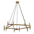 Candelabru din alamă auriu mat cu 20 de becuri LED, structură circulară suspendată prin cabluri negre, design modern și.