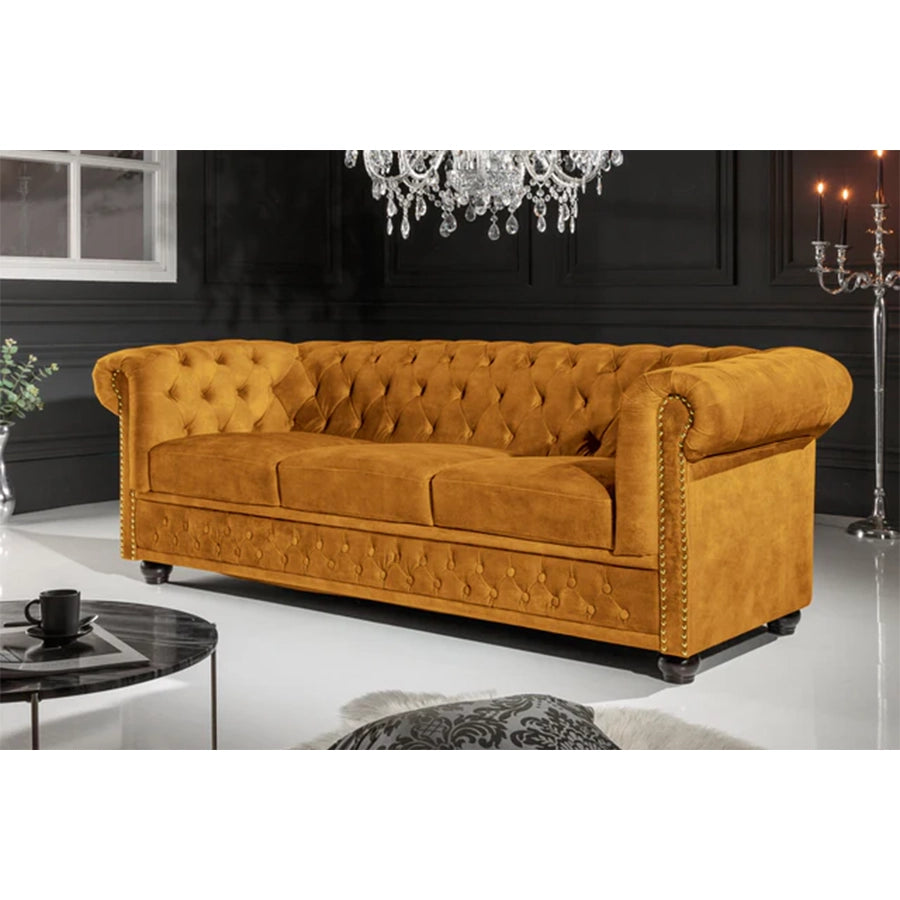Canapea mustar din catifea 205 cm Chesterfield
