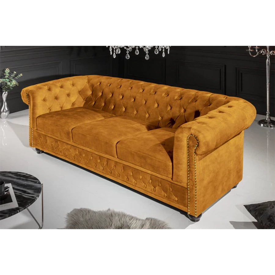 Canapea mustar din catifea 205 cm Chesterfield