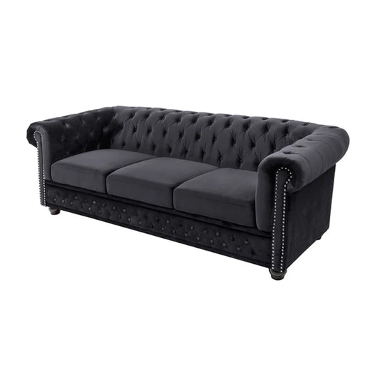 Canapea neagra din catifea 205 cm Chesterfield
