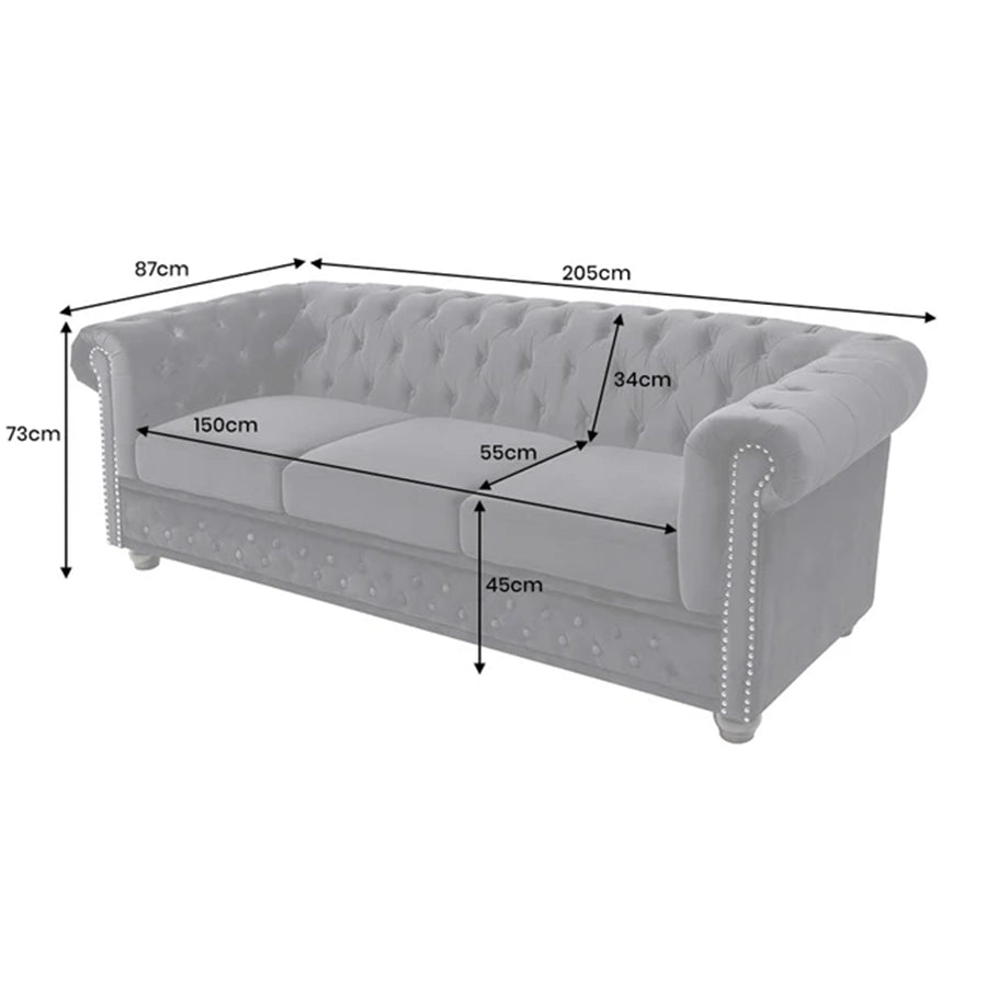Canapea neagra din catifea 205 cm Chesterfield