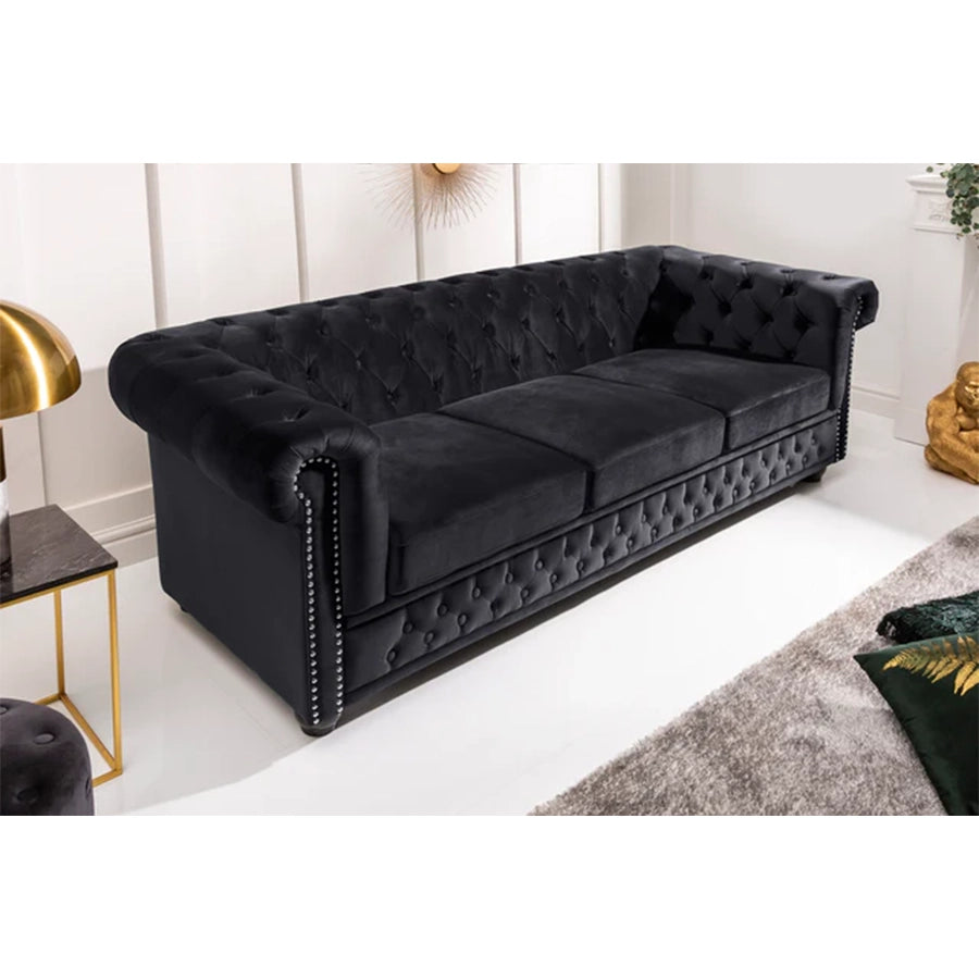 Canapea neagra din catifea 205 cm Chesterfield