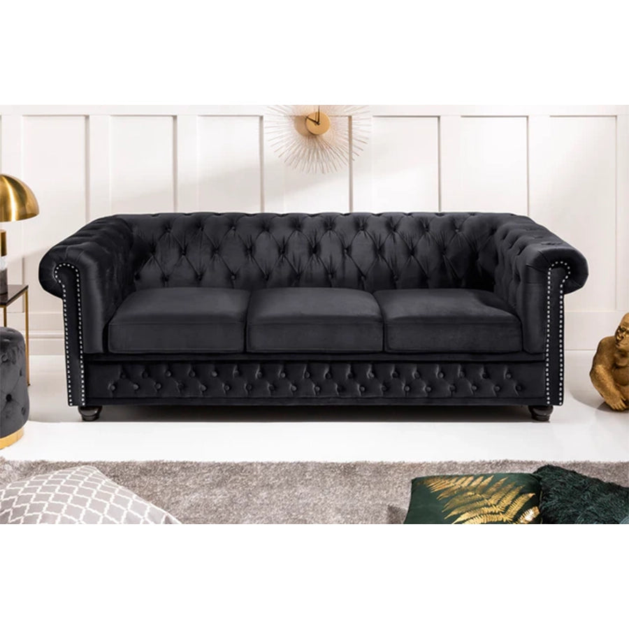 Canapea neagra din catifea 205 cm Chesterfield