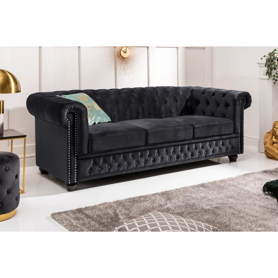 Canapea neagra din catifea 205 cm Chesterfield