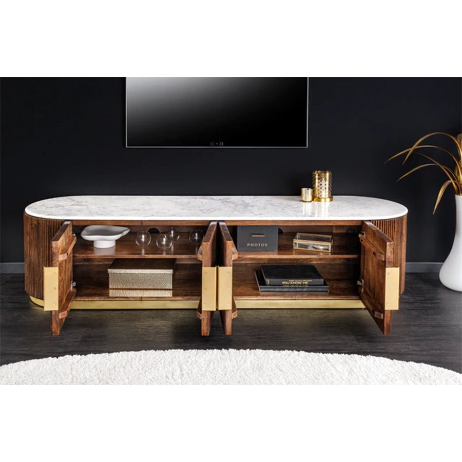 Comoda TV maro din lemn si marmura 170 cm Gatsby