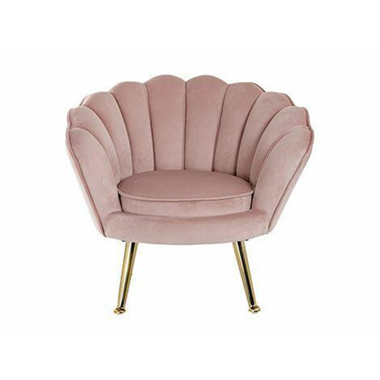 Pink velvet kids armchair with scalloped backrest and gold metal legs