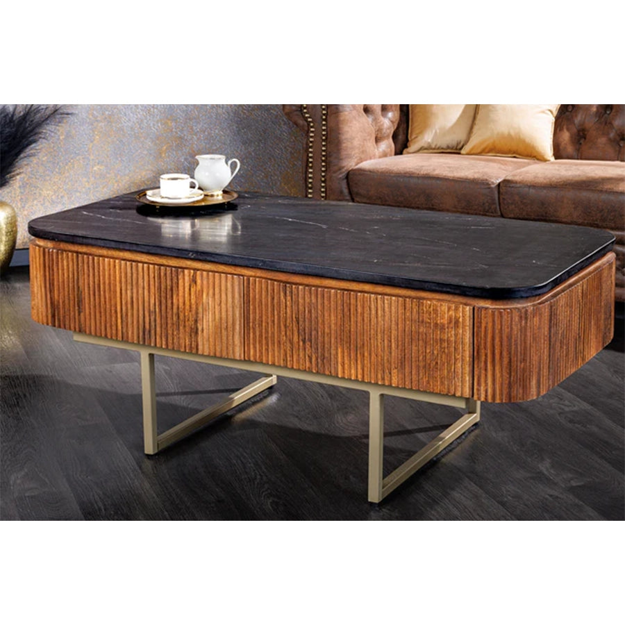 Masa cafea din lemn si marmura 110 cm Gatsby, din lemn de mango și marmură, perfectă pentru un decor elegant.