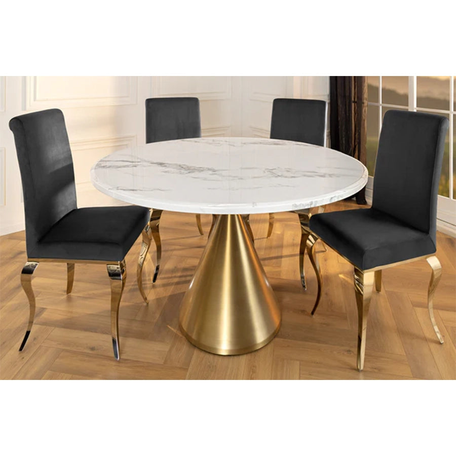 Masa dining alba gold cu aspect de marmura 130 Elegancia