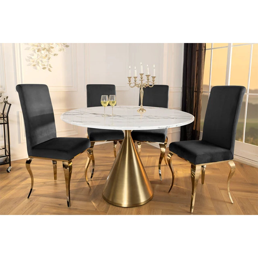 Masa dining alba gold cu aspect de marmura 130 Elegancia
