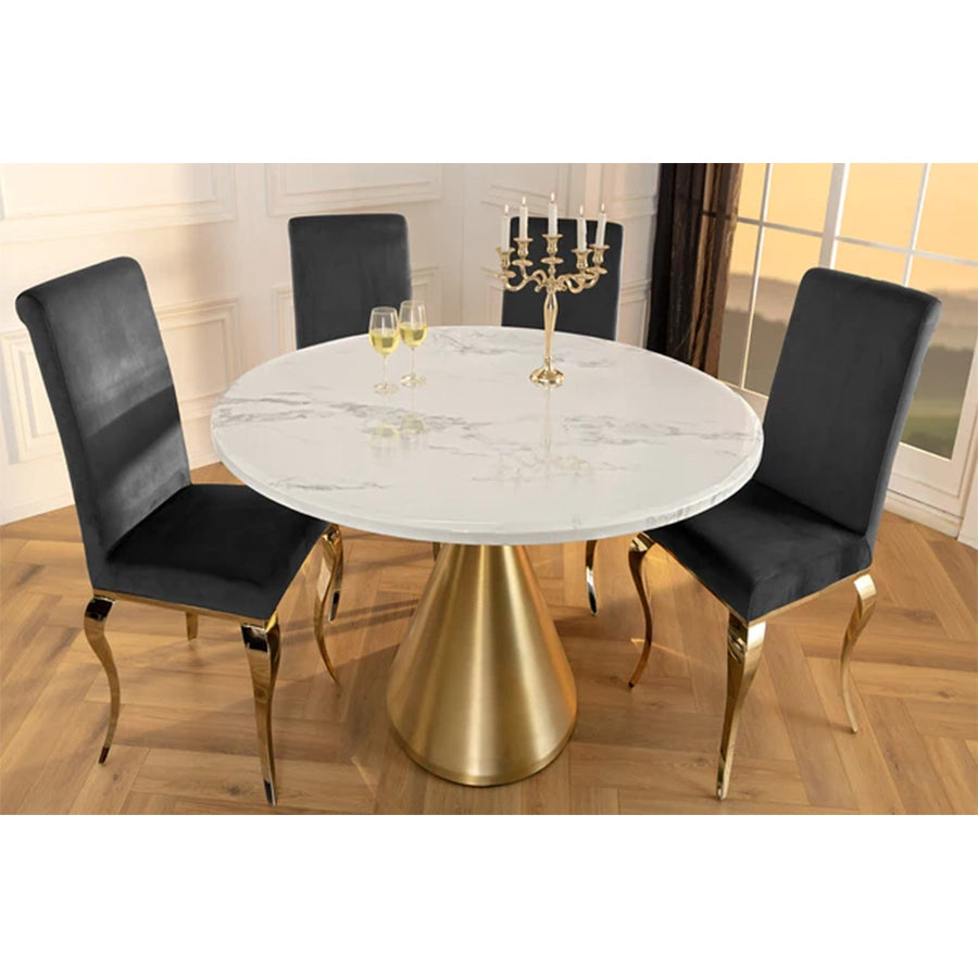 Masa dining alba gold cu aspect de marmura 130 Elegancia