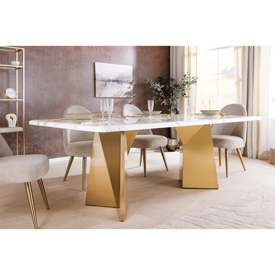 Masa dining alba gold din marmura 200 Extravagancia