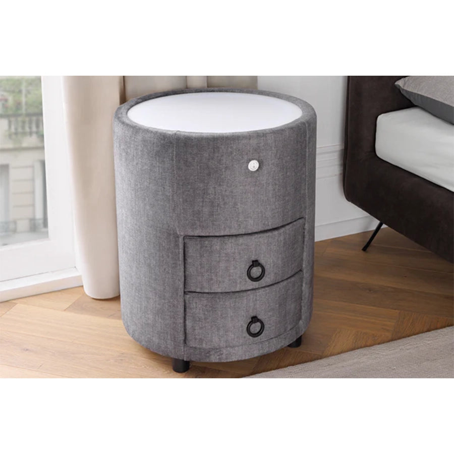 Noptiera rotunda gri din catifea cu Led Signum